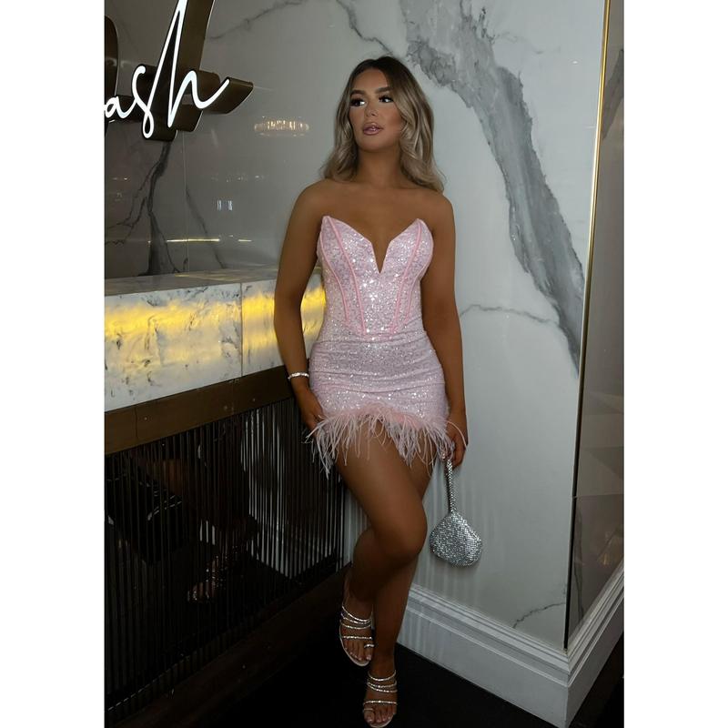 Princess Vibes Sequin Feather Mini Dress - Pink 3