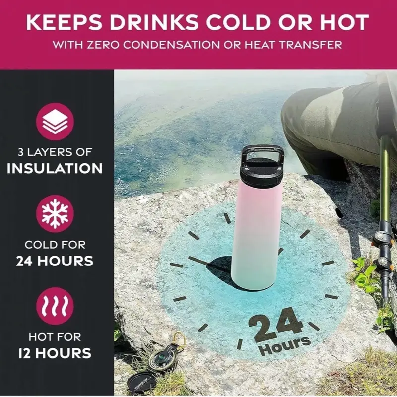 750ml Triple vacuum Insulated sports bottle with straw, hot & cold - PINK 3