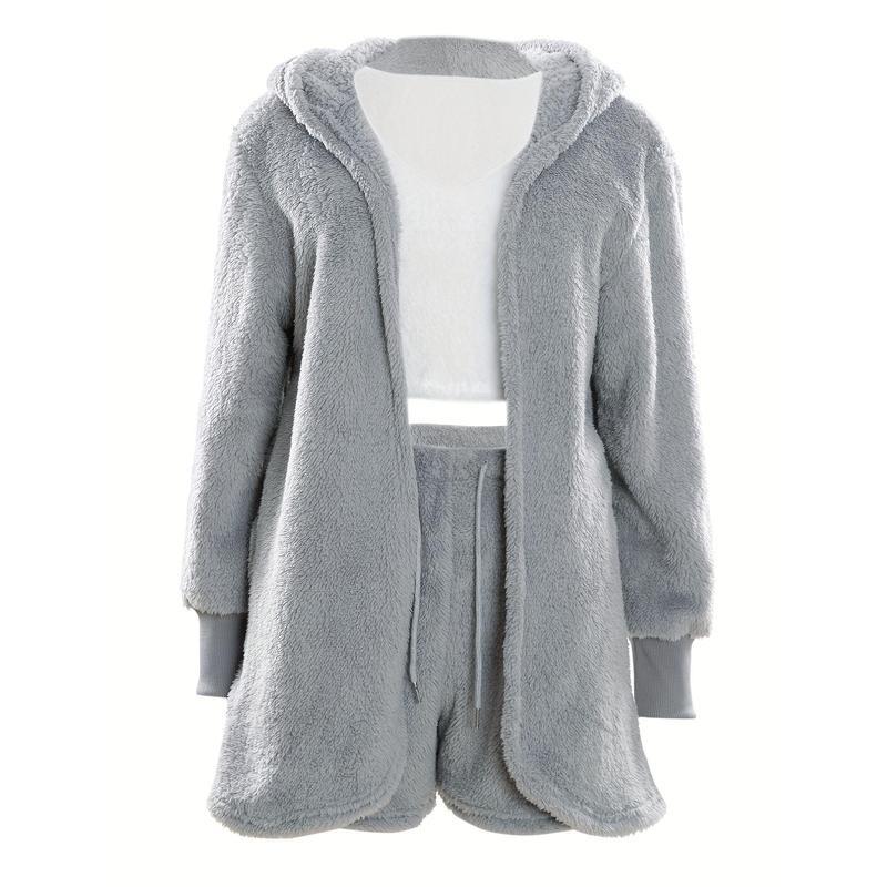 【2025】Warm Fuzzy Pajama Set, Long Sleeve Hooded Robe & Tank Top & Drawstring Shorts, Women's Sleepwear & Loungewear 6