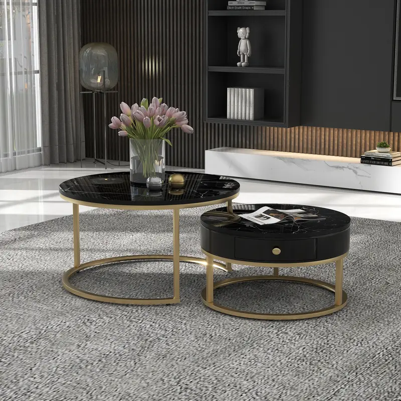2024 High Quanlity 2-in-1 round MDF coffee table with 1 high-gloss table top and 1 side table with brown tempered glass tabletop, living room coffee table set with 2 drawers, 70*70*45 + 50*50*40 cm Modern Furniture Coffee Table for Living Room 3