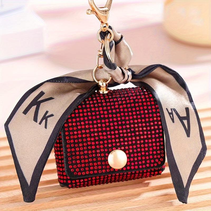 Fashion Mini Coin Purse with Rhinestone Embellishments, PU Material, Keychain Charm with Edge Paint and Scarf Detail 8