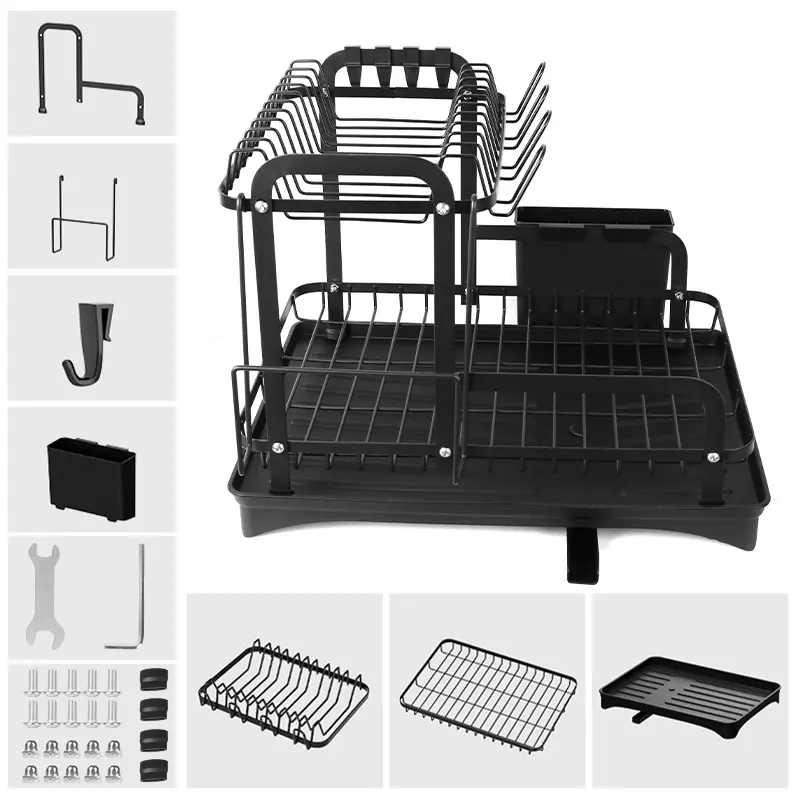 2 Tier Dish Drainer Rack with Drainage Spout and Utensil Holder - Kitchen Organizer - Black