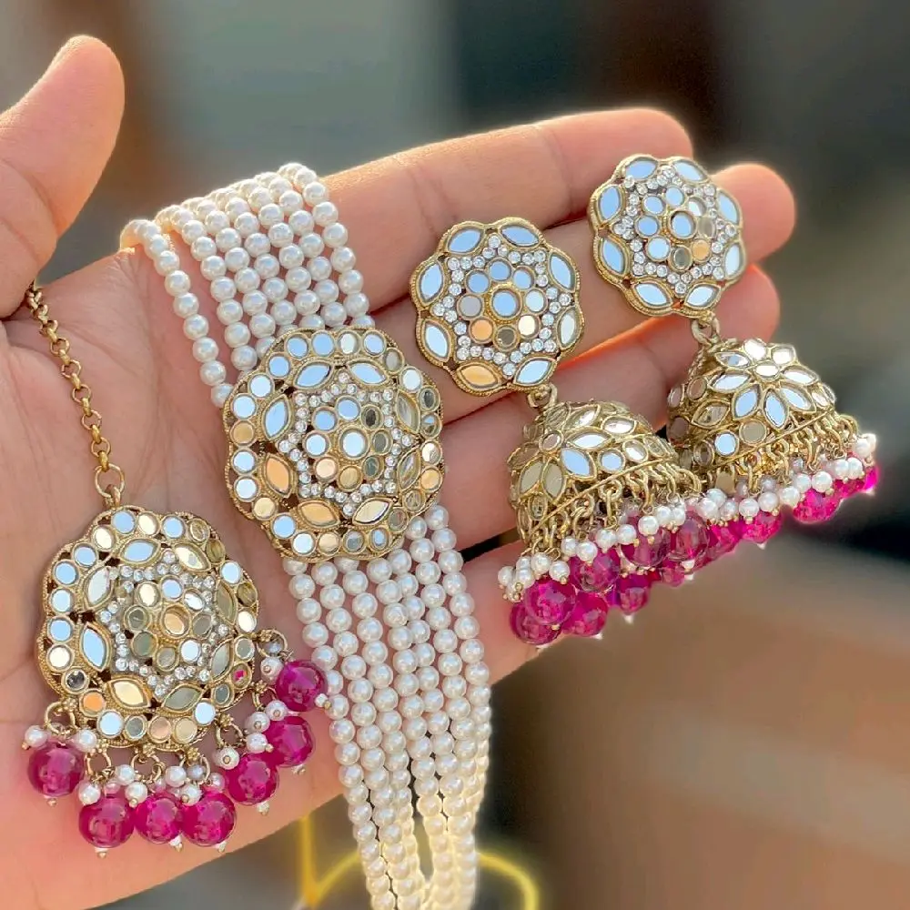 Asian Mirror Choker Set with Jhumka Earrings and Tikka for Women