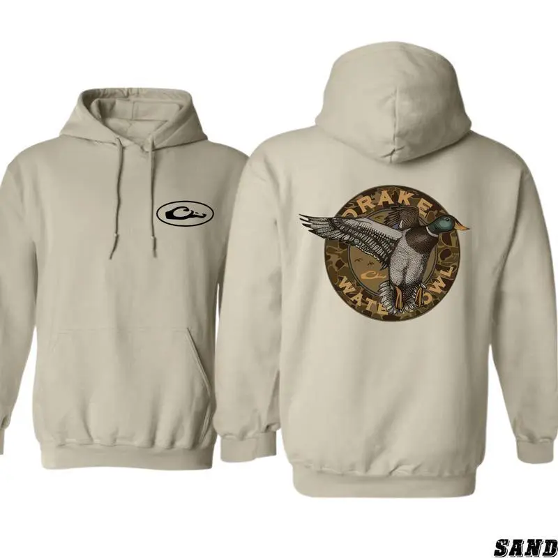 Drake Waterfowl 2 Sides Hoodie/Sweatshirt/T-Shirt, Bold Flying Duck and Camo Design, Perfect for Waterfowl Hunters and Outdoor Enthusiasts