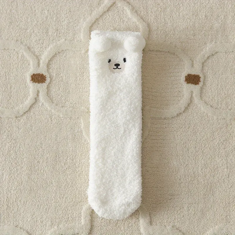 1/3/6 Pairs 3D Cute Bear Socks, Warm Coral Fleece Floor Slipper Socks For Fall & Winer, Women's Stockings & Hosiery 4