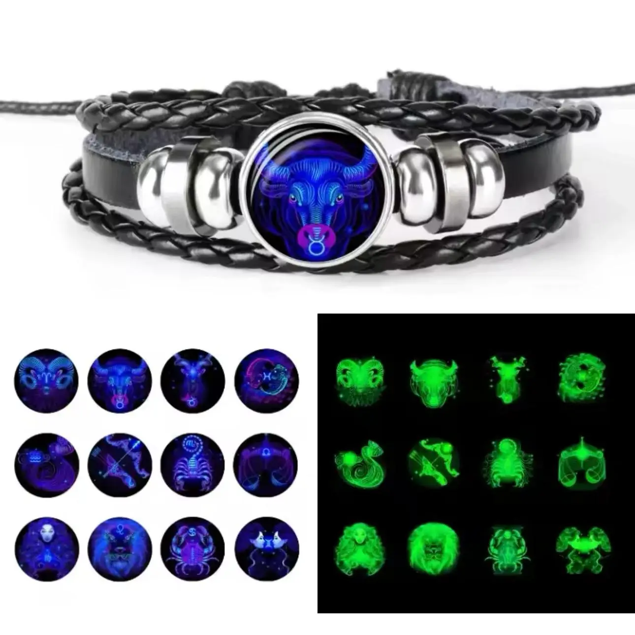 12 Constellation Zodiac Sign Black Braided Leather Bracelet Cancer Leo Virgo Libra Woven Glass D