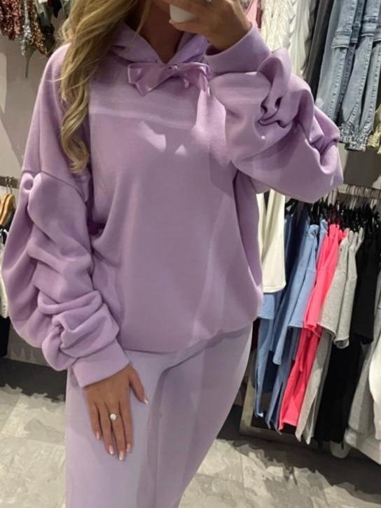 STY Women's Ruched Sleeve Oversized Ladies Ribbon Hoodie Jumper top Casual Plain Soft Womenswear Drawstring Sweaters Style hoodies 7
