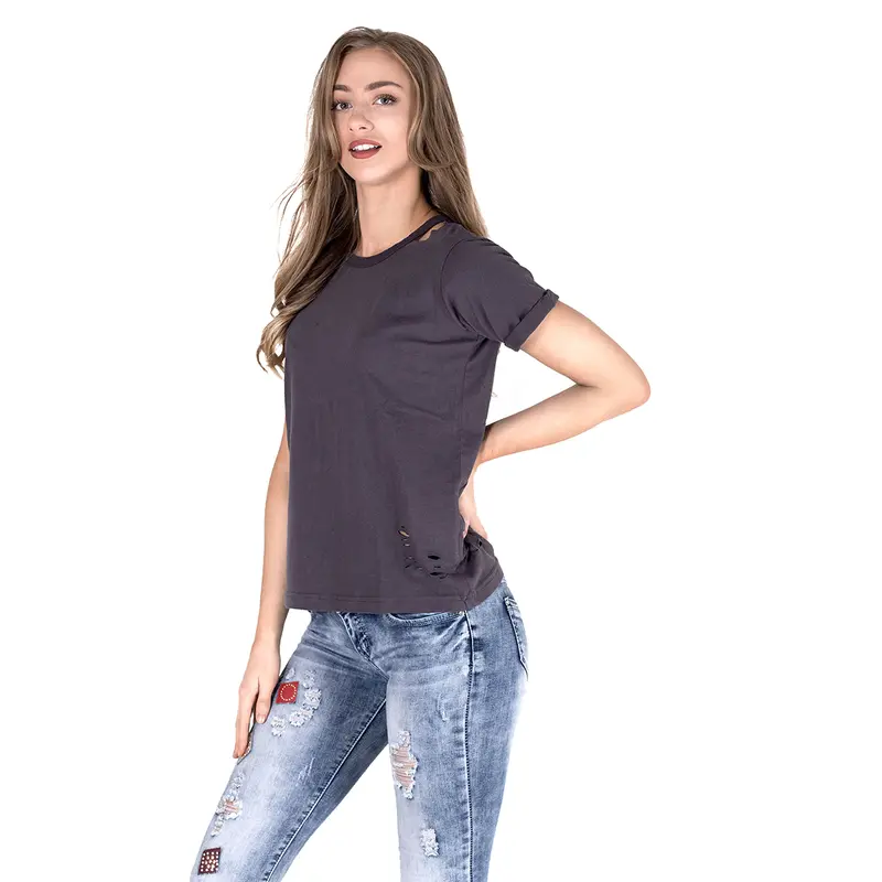 Noroze Women's Short Sleeve Plain T-Shirts Distressed Ripped Holes Nibble Cut Out Rounded Neck Casual T-shirt UK Sizes 6-18 2