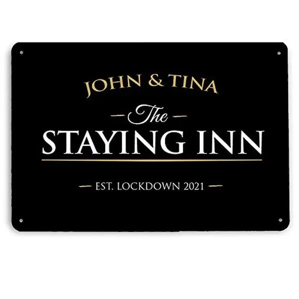Personalised Staying Inn Bar Sign, Black gold metal A4 Printed pub inn sign