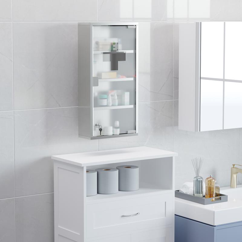 HOMCOM 4 Tier Stainless Steel Wall Mounted Medicine Cabinet Glass Lockable Door Storage Shelves Houseware Bathroom Furniture 60Hx30Wx12D(cm) w/2 Keys 1