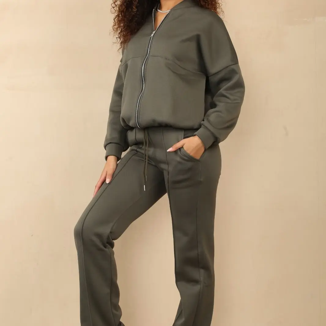 Womens Fleece Loungewear Bomber Zipper Jacket Trouser 2 Pcs Set