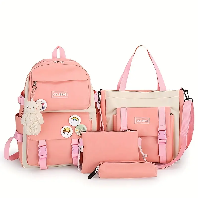 4pcs/set Simple Casual Backpack Large Capacity School Bag Travel Bag Canvas Shoulder Bag For Students 4