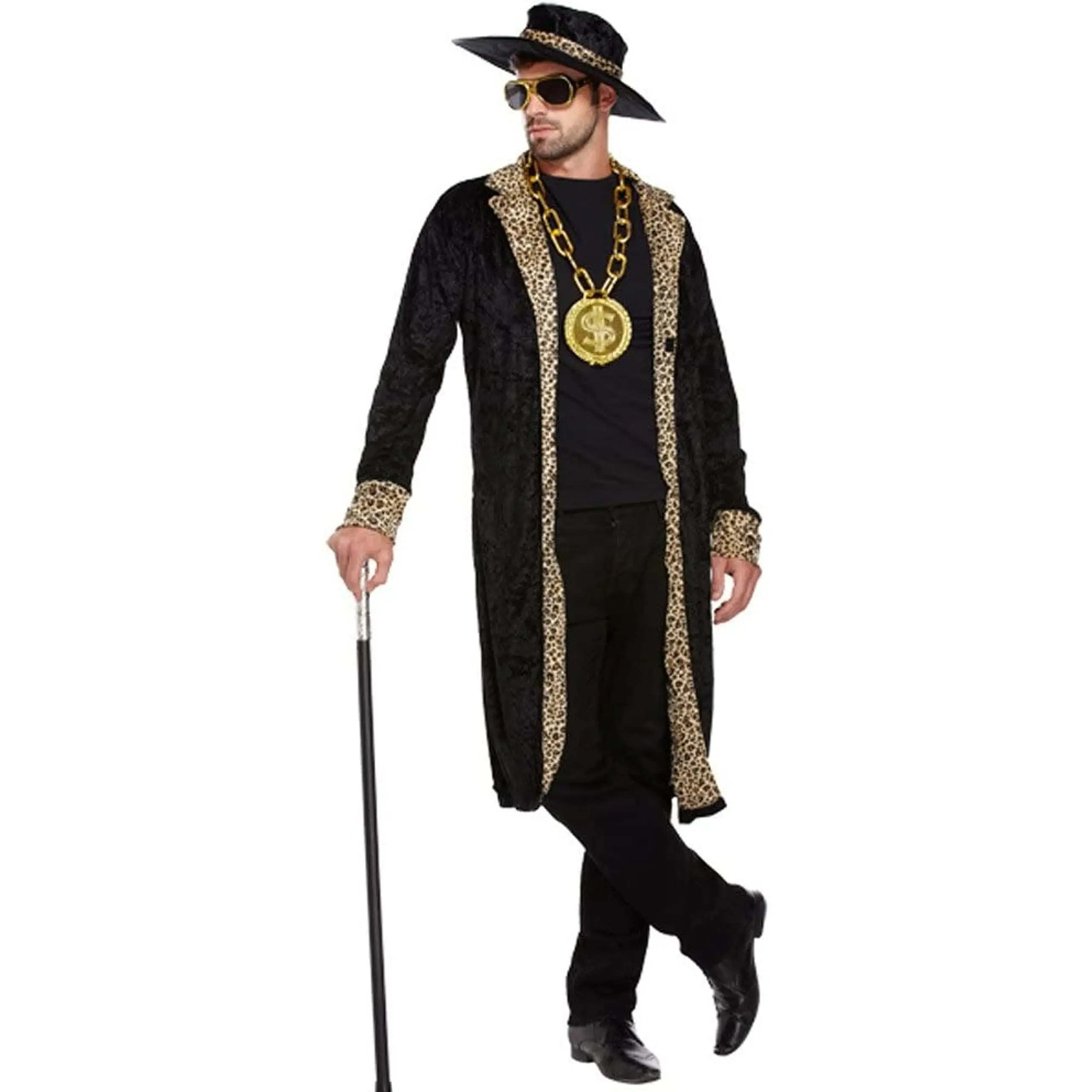 Adult Black Leopard Pimp Suit Mens | Stag Do Gangster Style Outfits 90s 70s Hip Hop Fancy Dress Fashion Costume Indoor Outdoor Night Party Outfit Cowboy Hat Mens Adult