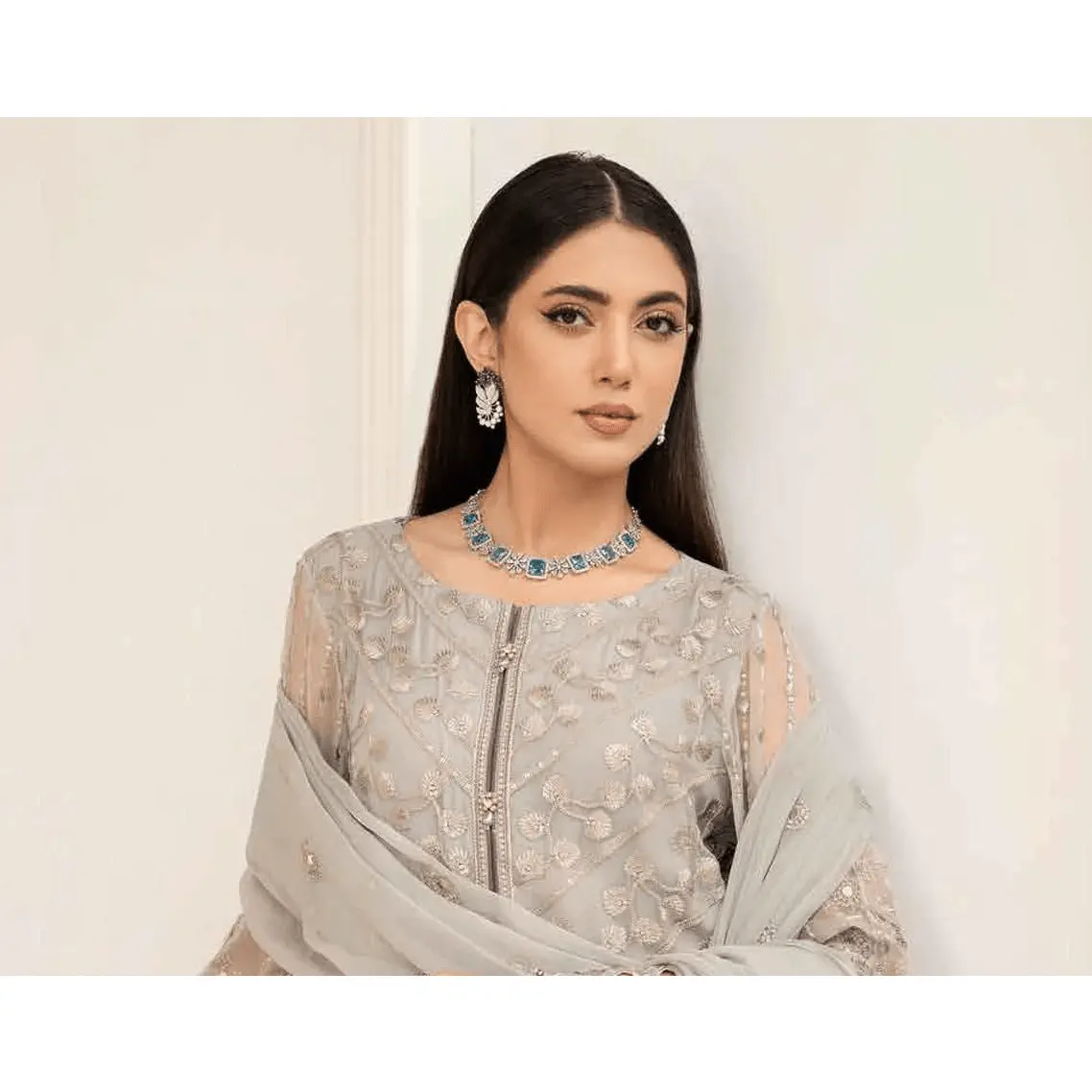 FL Light Grey Colour Executive Volume Embroidered Shalwar Kameez in Chiffon Sizes (S to 5XL) Dress Traditional