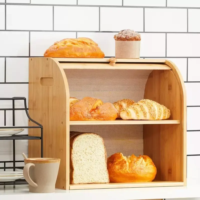 2 Tier Bread Bin with Double Layer Slide Roll Top Design | Sturdy Food Storage Box for Kitchen | Space Saving Organizer for Bread, Fruits, Snacks & Bakery Essentials | Modern Two Tier Bread Box for Home Use | Countertop Food Storage Rack | Kitchen Storage 5