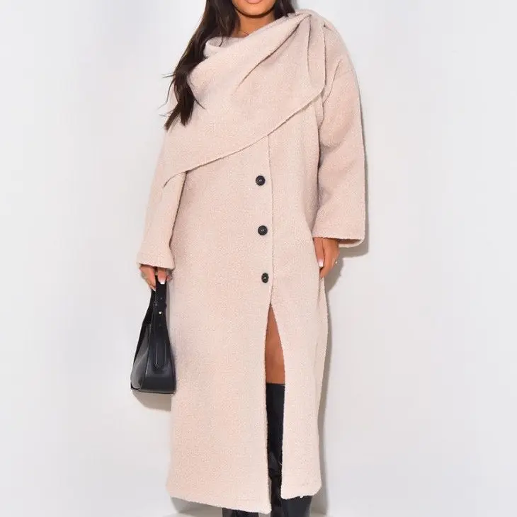 Women's Solid Button Front Drop Shoulder Long Coat with Scarf, Casual Long Sleeve Outerwear for Fall & Winter, Ladies Clothes for Daily Wear One Size Womenswear Chic Comfortable Jackets Lady Fashion Longsleeves Tops