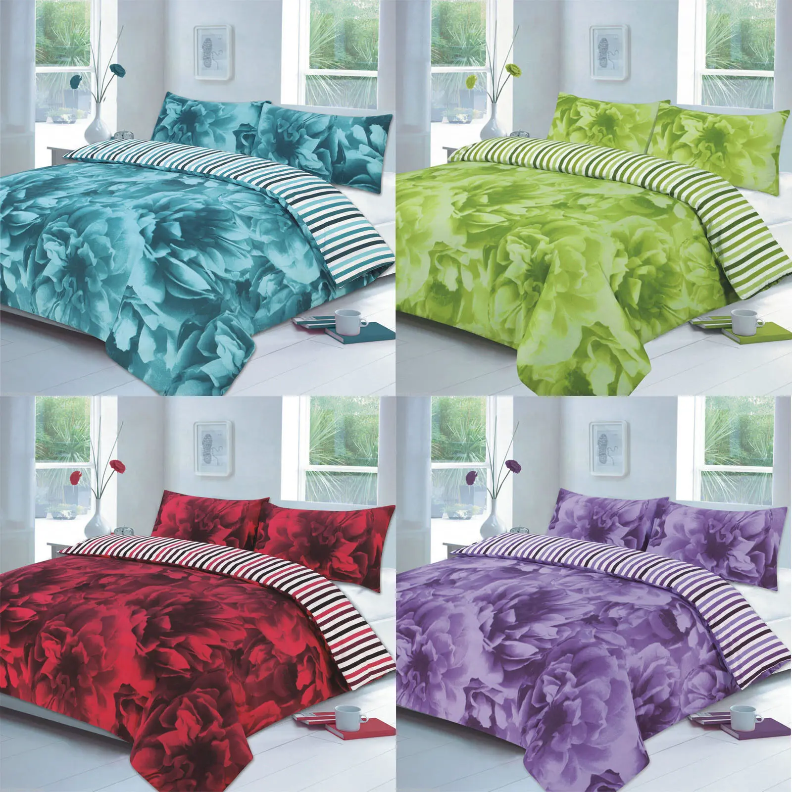 Homes & Linen Rose Floral Duvet Cover Set Flowers Reversible Stripe Printed Bedding Set