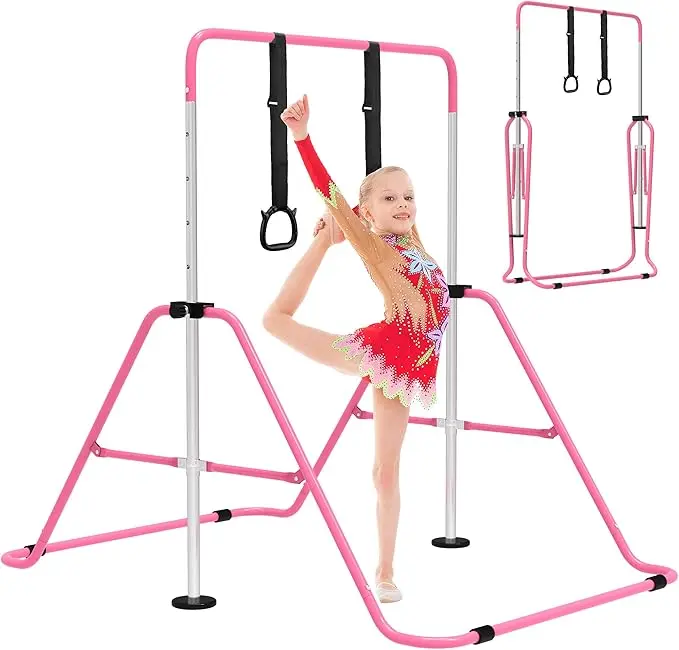 Gymnastics Bars, Junior Training Kip Bar Gymnastics Equipment for Home, Adjustable Height Folding Horizontal Bar with Gymnastic Rings for Kid
