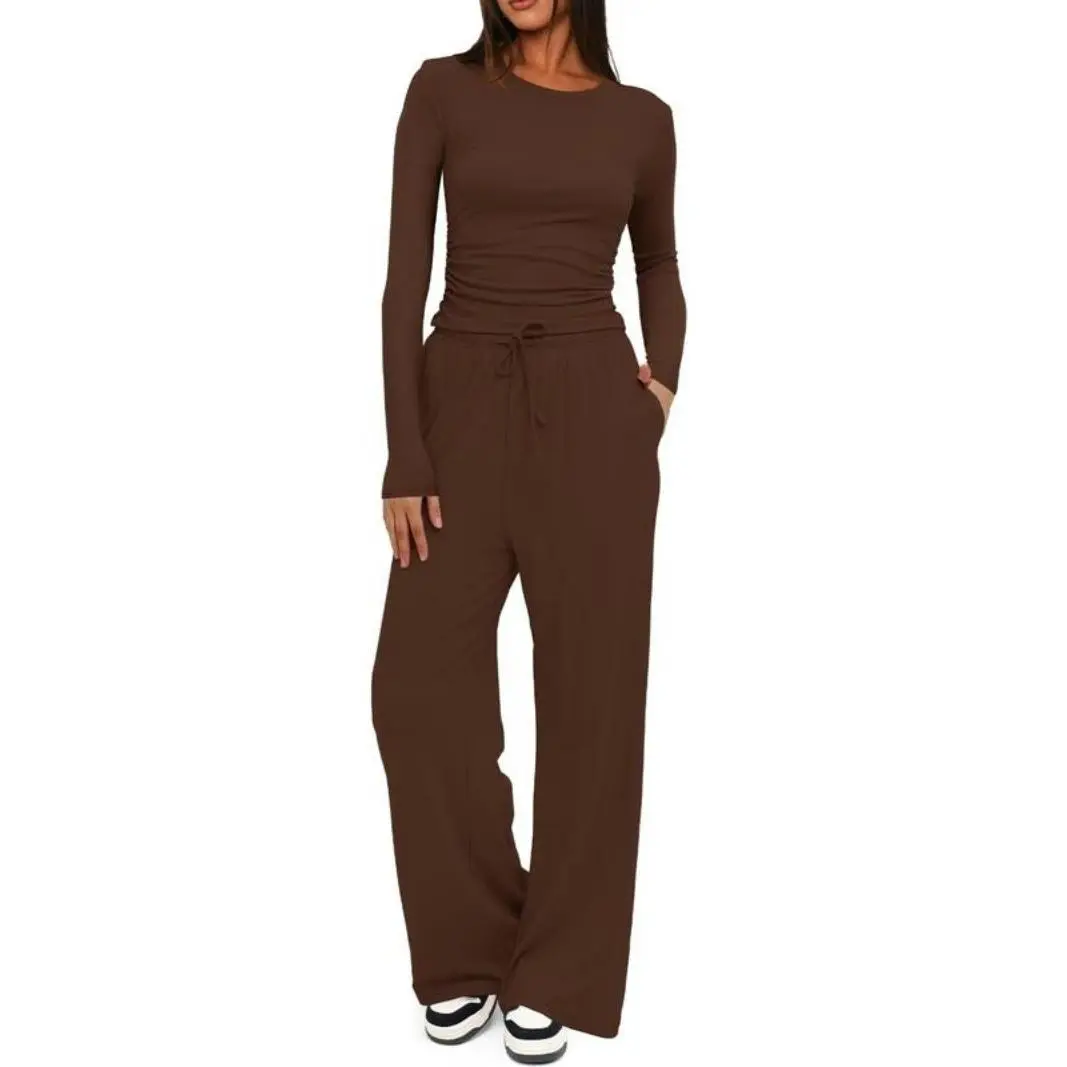 Women's Solid Ruched Tee & Drawstring Waist Pants Lounge Set, Casual Long Sleeve Round Neck Top & Wide Leg Tall Trousers, Ladies Sleepwear for All Seasons, Pyjamas for Women
