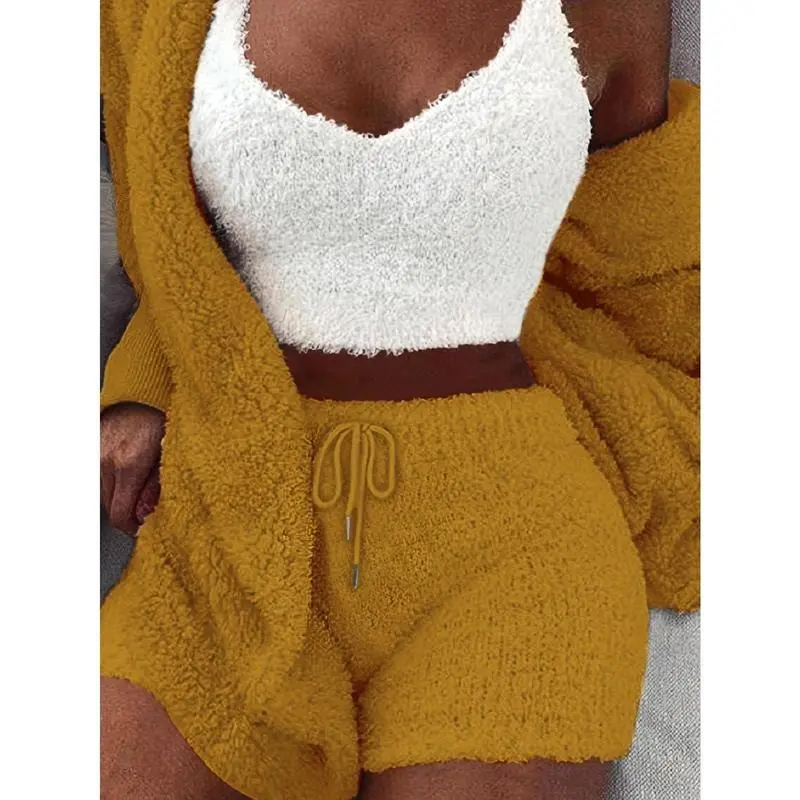 【2025】Warm Fuzzy Pajama Set, Long Sleeve Hooded Robe & Tank Top & Drawstring Shorts, Women's Sleepwear & Loungewear 2