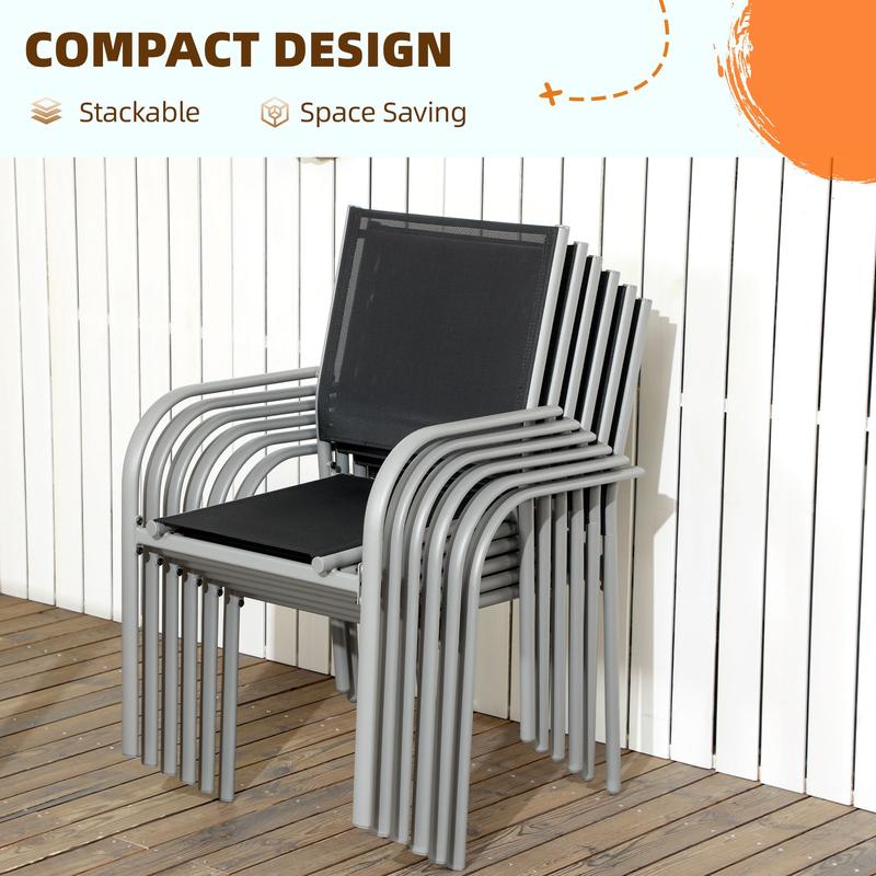 Outsunny 7 Piece Outdoor Garden Dining Set with Table and 6 Stackable Chairs, Steel Frame, Tempered Glass Top, Mesh Seats, Black 4