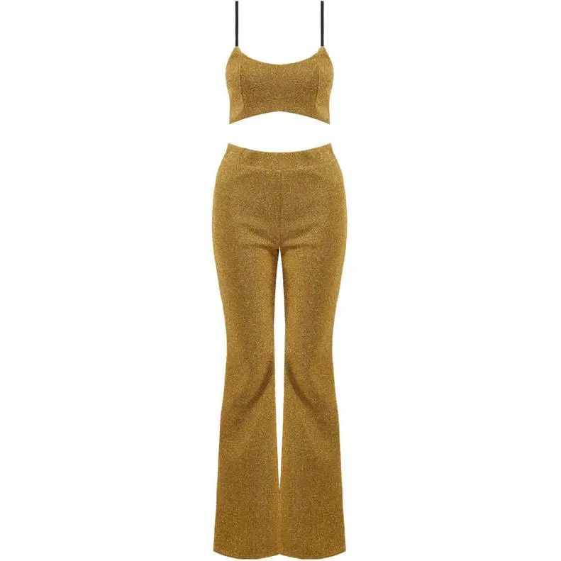 Petite Girlies-Crop Top And Flare Trouser Set With A Luxury Glittery Material-Gold Womenswear Clothes Straps Comfort Adjustable