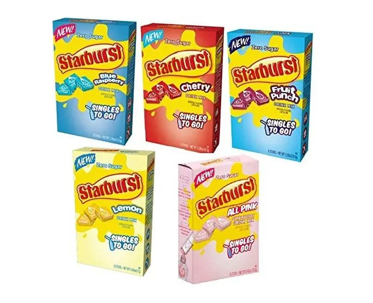 Starburst Singles To Go Powdered Drink Mix, Fruit Punch,blueraspberry,all pink strawberry,blueraspberry lemon,stawberry watermelon 6 stics each box Mixed Beverage Fruity Artificial