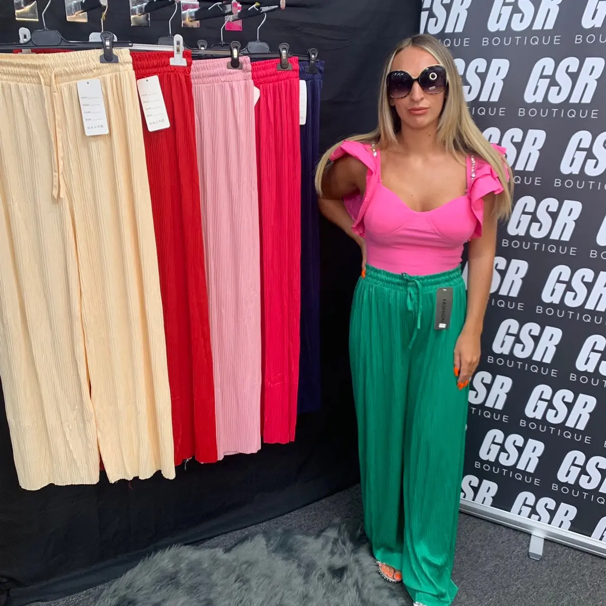 GSR Boutique Satin Style Pleated Trousers with Drawstring.
