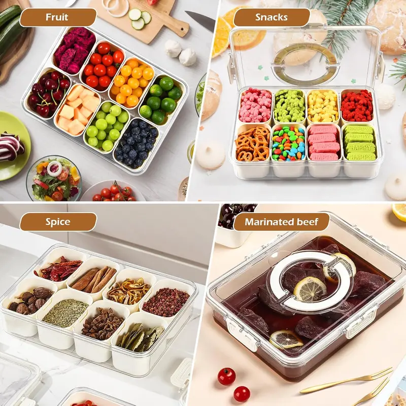 Divided Serving Tray with Lid & Handle, Snack Box Container , Plastic Portable Food Storage Container Snack Platters, 8 Removable Compartment Box for Parties, Reusable Appetizer Clear Organizer for Veggie, Candy, Fruit,Nut Kitchen Utensils Sturdy 8
