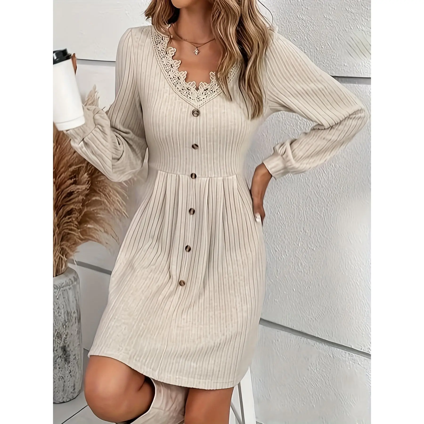 Spring 2025 Outfits Woodward Satin Dress Elegant Beige Midi Dress for Women with Lace Trim and Lantern Sleeves - V-Neck, Button Front, Ribbed Texture, Perfect for Fall, Machine Washable