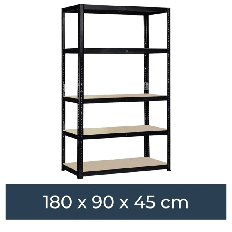 G-Rack Garage Shelving Unit 180cm x 90cm x 45cm - Heavy Duty 5 Tier Storage Shelf, Single Bay - Black Metal with MDF Boards - 175 kg Capacity per Tier - Versatile Boltless Garage Shelves for Storage