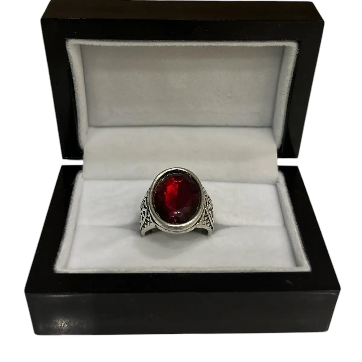 Silver Ring with Red Stone in Wooden Box - Perfect Gift for Any Occasion