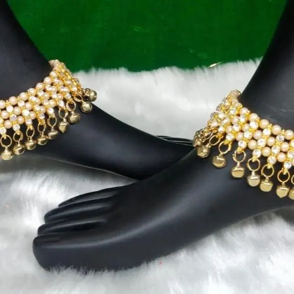 Pair of Antique Gold Kundan Indian Asian Payals Anklets with Bells Bridal Wedding 0