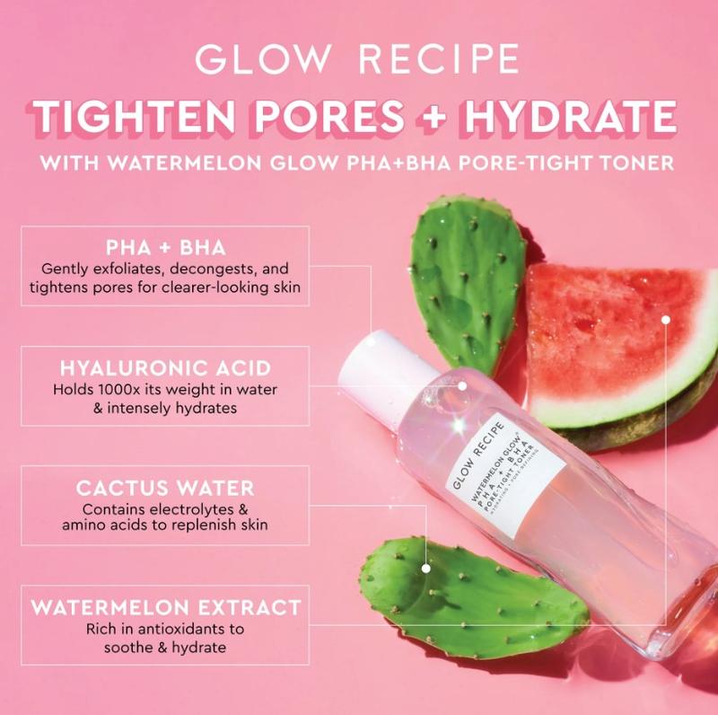 GLOW RECIPE Watermelon Glow PHA + BHA Pore-Tight Skincare Toner for Skin Repair [Next Day Delivery] Comfort Hydrating Moisture 7