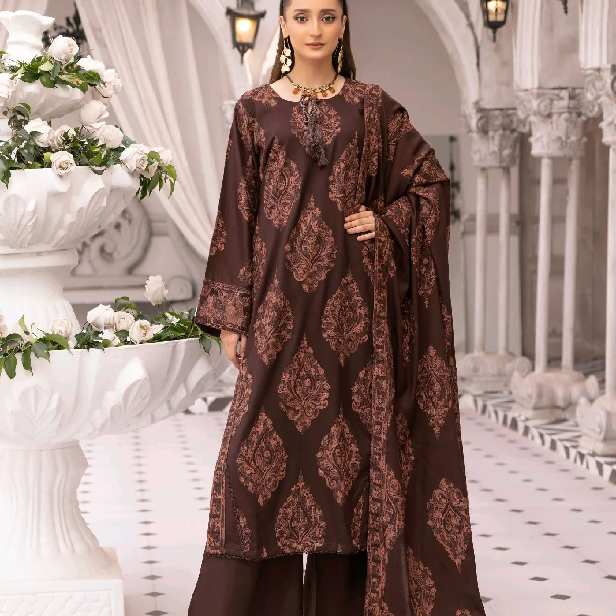 SM- EMBROIDERY DHANAK SUIT WITH EMBROIDERY SHAWL