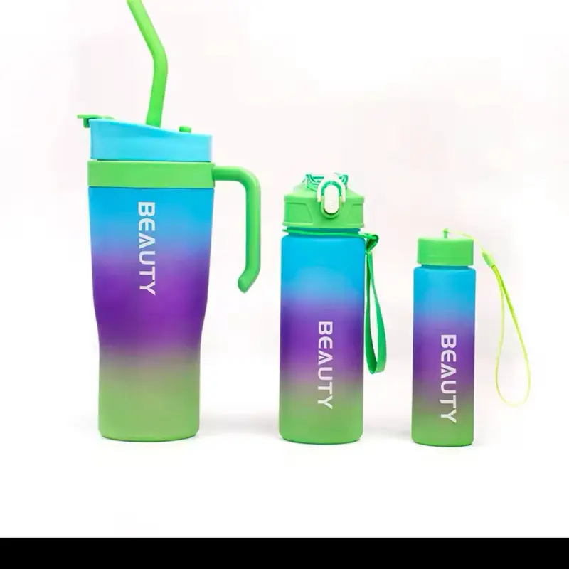 Washable Gradient Colour 3 in 1 Set Cup Water Bottle with Handle - Plastic - Portable - Mug, Drinkware, Tumblers Bottled Reusable