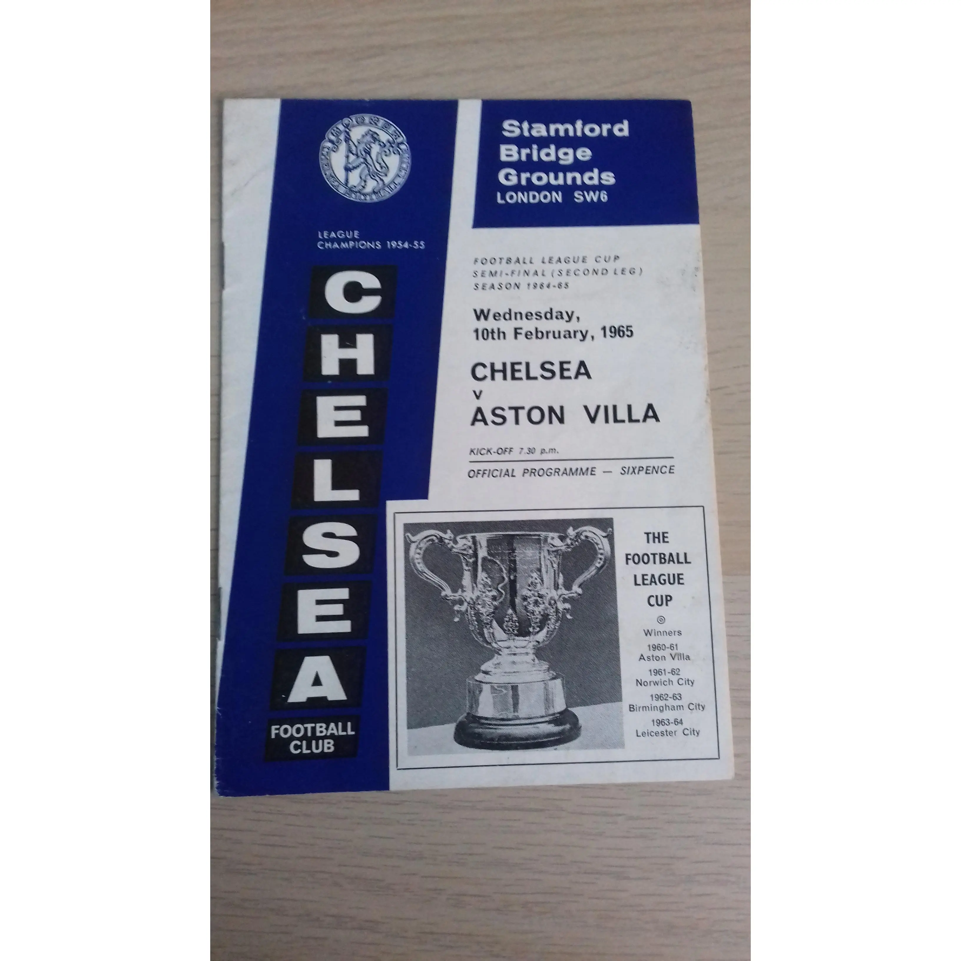 Chelsea v Aston Villa Programme League Cup Semi-Final 2nd Leg Wednesday 10th February 1965