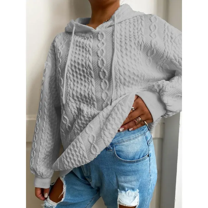 Plus Size Casual Hoodie, Women's Plus Solid Ribbed Long Sleeve Slight Stretch Hoodie Drawstring Sweatshirt Womenswear Tops Comfort Pullover Basic Minimalist 8