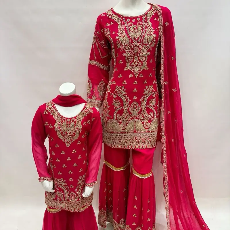 Hot Pink Chiffon Mother and Daughter Party Sharara Set with Stone Embellishments