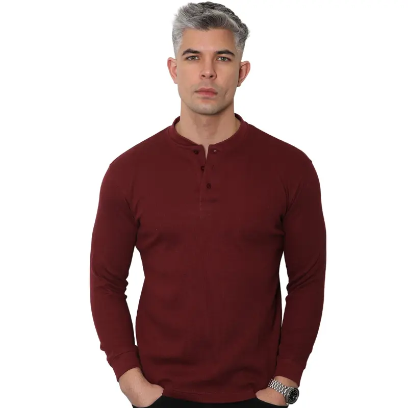 Mens Long Sleeve Henley Shirt Granded Neck Waffle Knit T-shirt Breathable and Comfortable Casual Top M - 3XL Plain Knitwear Jumper represent clothing Menswear Round Neck Grandpa Crewneck Knife Gamis Beige Biker Blue 4