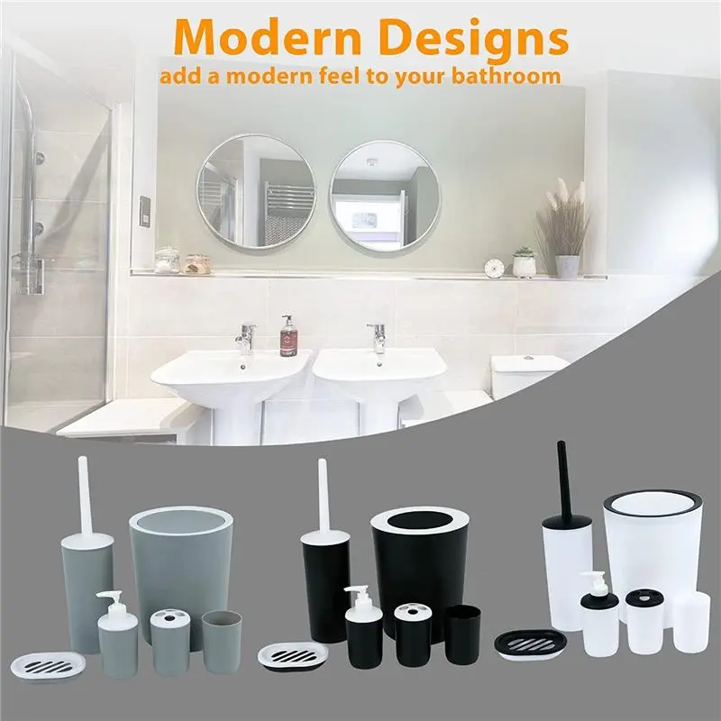 6PCS BATHROOM ACCESSORIES SET BIN SOAP DISPENSER TOOTHBRUSH TUMBLER TOILET BRUSH 3