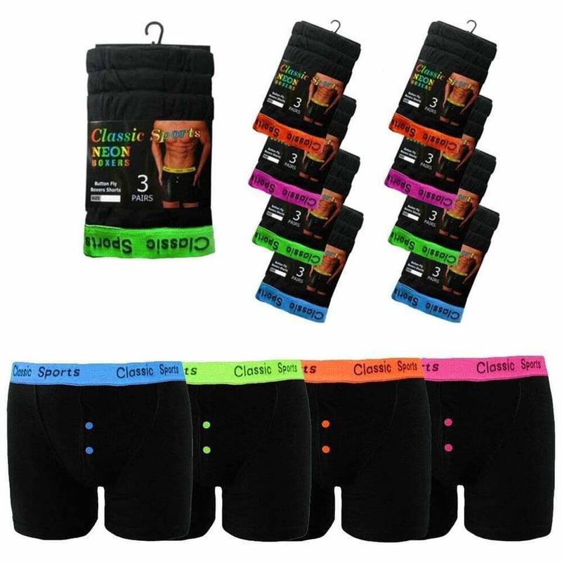 Men's Boxers Shorts Black With Neon Band Underwear Button Fly Cotton Fit UK Size S-2XL 2