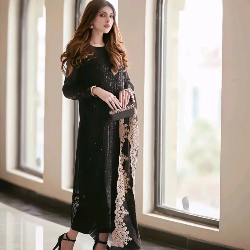 Elegant Black Womens Shirt Dress with Heavy Embroidery and Pure Chiffon Duppata and Trouser Comfort Fabric Traditional Clothing Original Womenswear 1