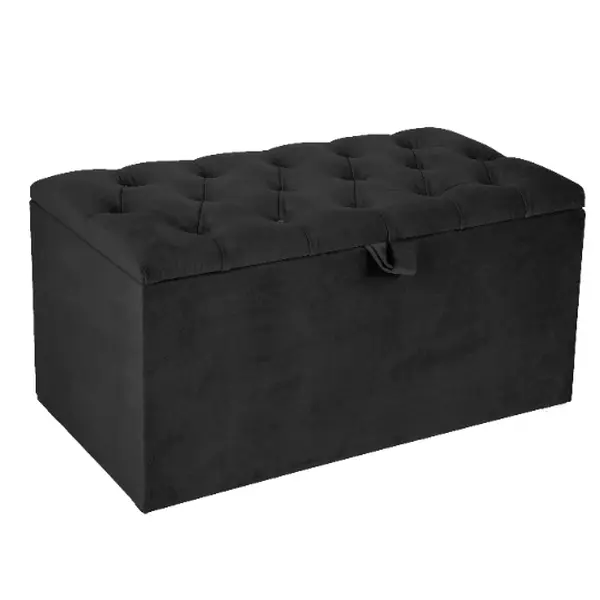 Plush Velvet Ottoman Storage Box Folding Fluted Footstool Wooden Storage Unit for Toys Organiser Wood Black