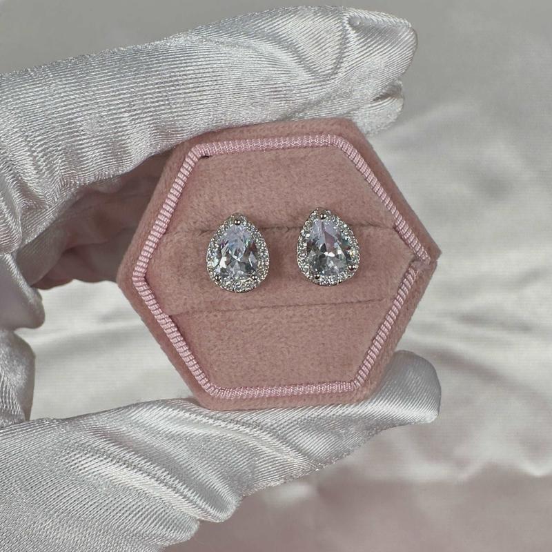 'Lila' - 925 Sterling Silver Zirconia Teardrop Halo Stud Earrings 3