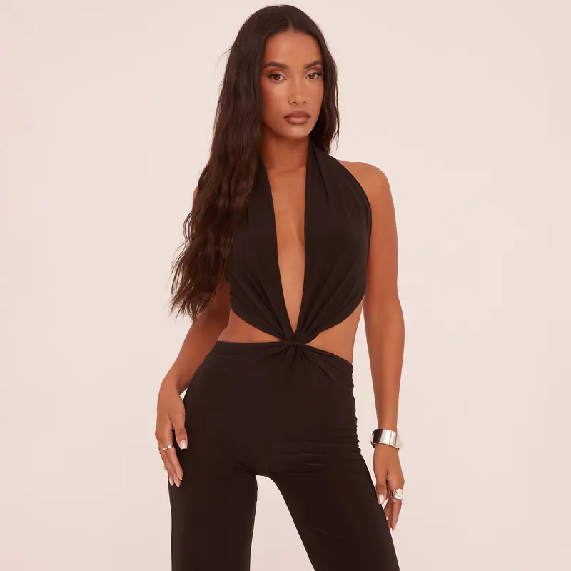 Plunge Knot Detail Flared Leg Jumpsuit 3