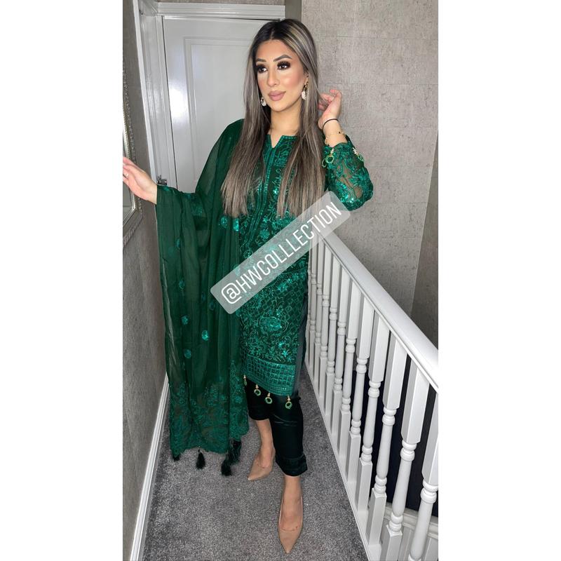 3pc Green Embroidered Shalwar Kameez with Chiffon dupatta Stitched Suit Ready to wear GC-GREEN 1