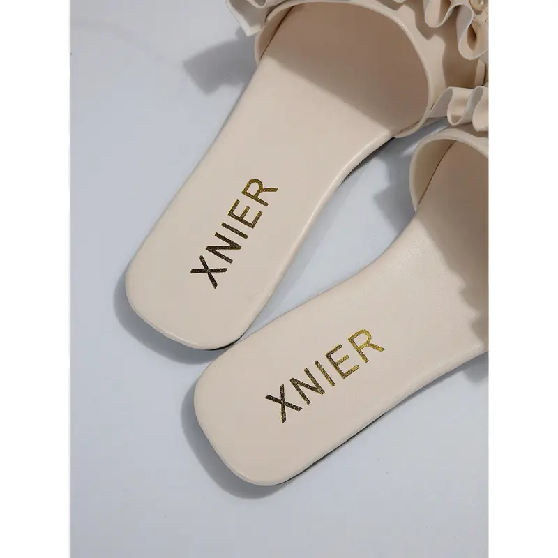 Women Faux Pearl Decor Ruffle Trim Flat Sandals, Fashionable Beige Slide Sandals For Summer Valentines 3