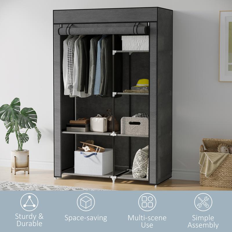 HOMCOM Fabric Wardrobe, Portable Wardrobe with 6 Shelves, 1 Hanging Rail, Foldable Closets, 103 x 43 x 162.5 cm, Dark Grey 5