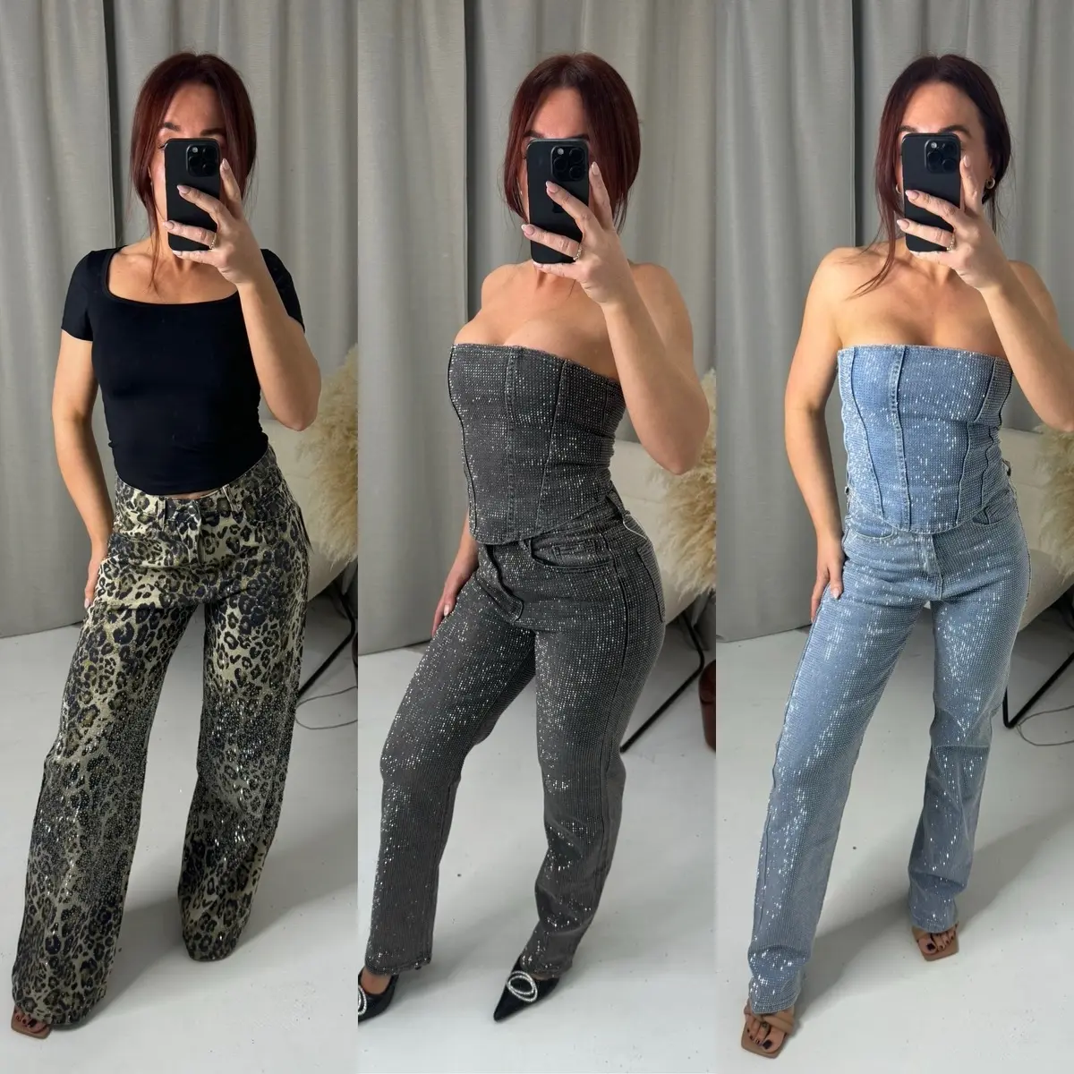 Diamonte Rhinestone Jeans High Waist Christmas Party Trousers - A1089/046 Womenswear Bottom Pants Comfort Basic Dark Grey Denim Minimalist Streetwear Fitted
